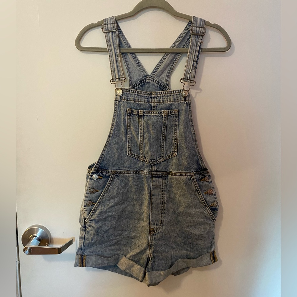 short overalls, light wash denim